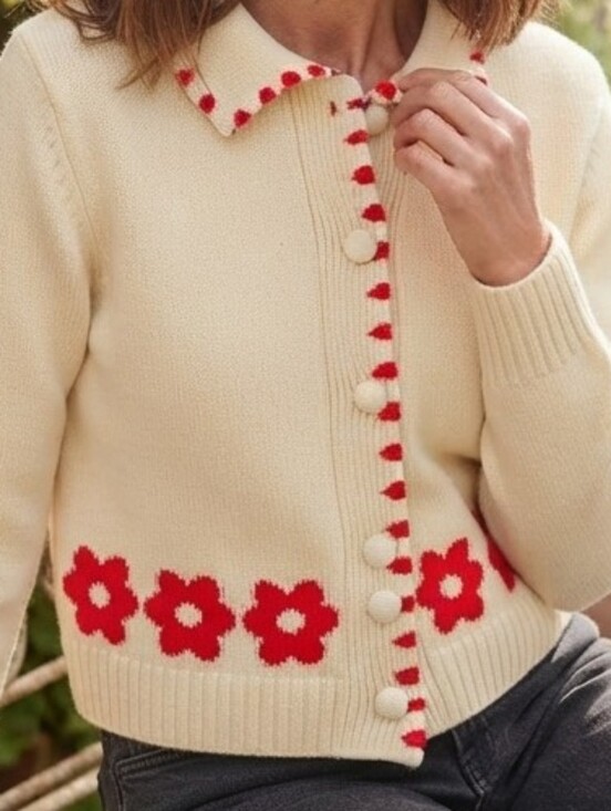 Elie Tahari Sweaters - Elie Tahari Red Flower Knit Cardigan Sweater Ivory Cream XS